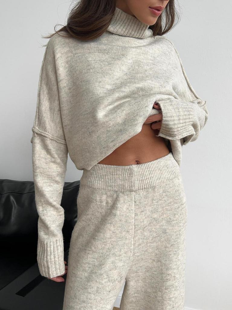 2025 Autumn/Winter Casual Solid Color Knitted Sweater Set: Loose High Neck and Pants