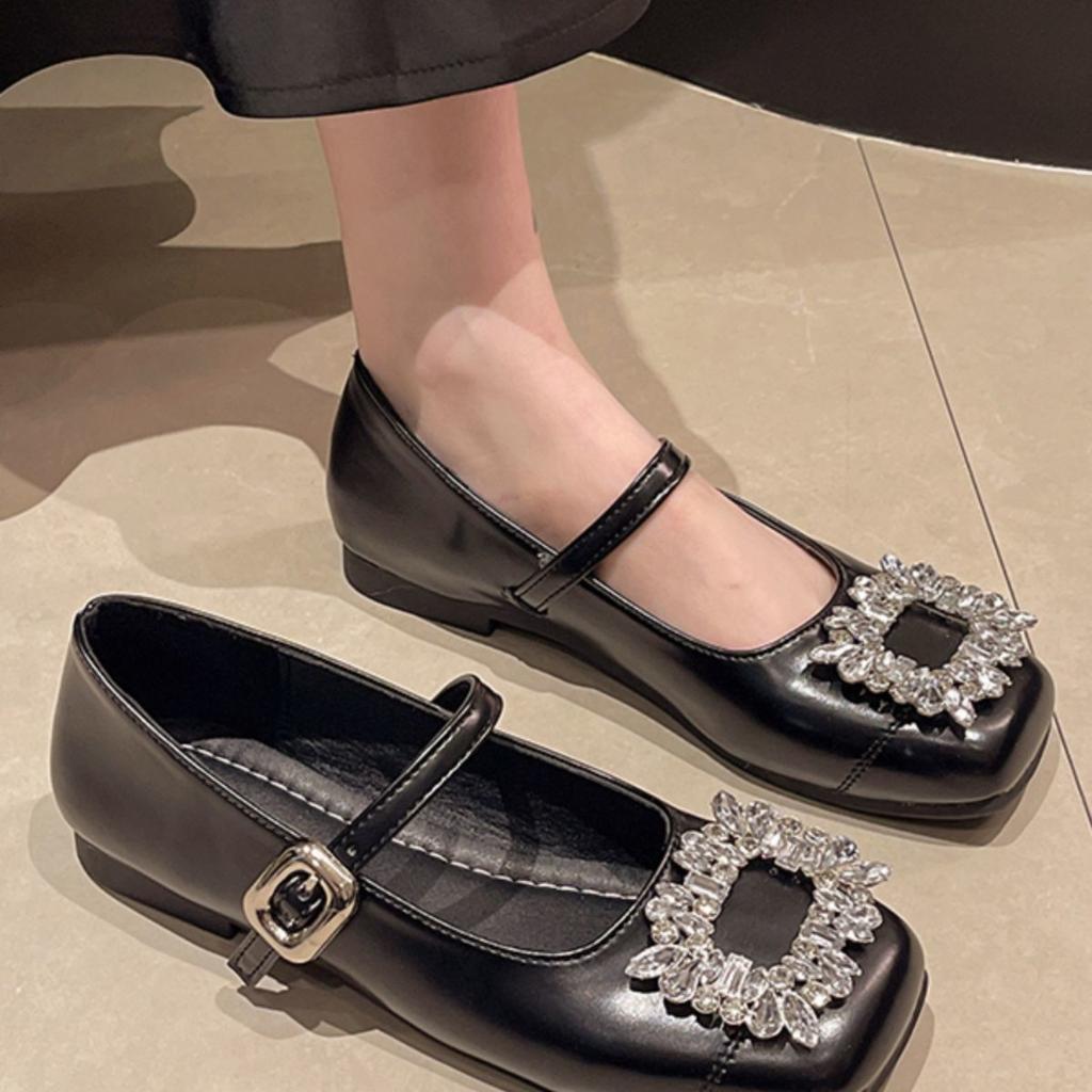 Flat-bottomed French versatile shallow-mouth single shoes women's spring and summer 2025 new one-word with rhinestone square head Mary Jane shoes