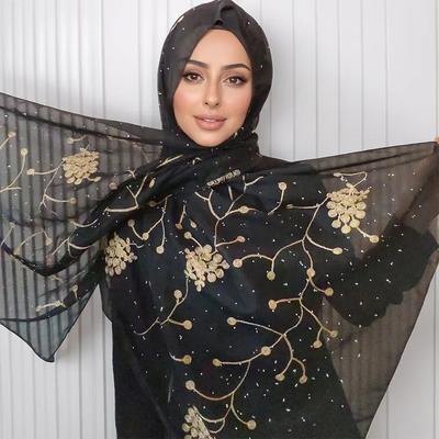 Ny Broderad Diamant Chiffong Hijab Sjal Kvinnor Lyxig Mjuk Enfärgad Sjal För Kvinnor Muslimska Hijabs För Kvinnor Turban Femme Bandana