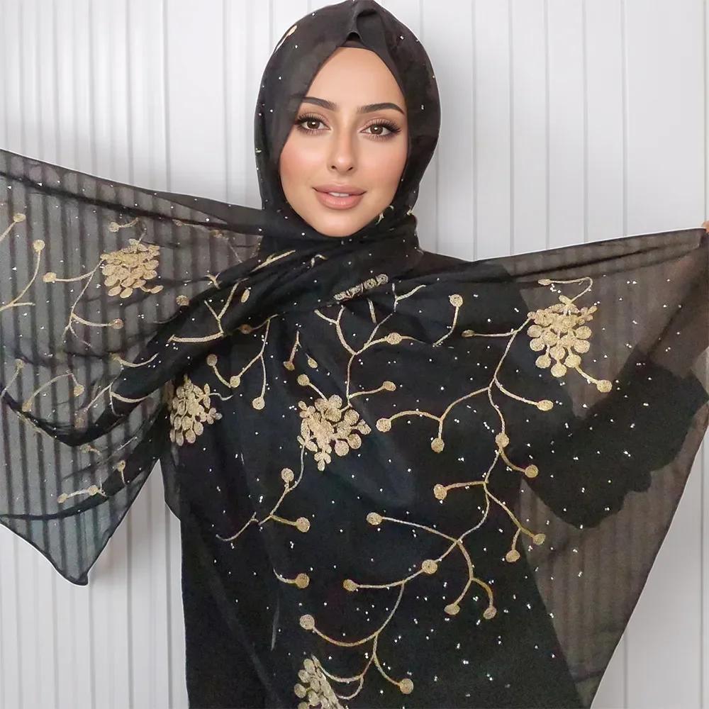 New Embroidered Diamond Chiffon Hijab Scarf Women Luxury Soft Plain Shawl For Women Muslim Hijabs For Women Turban Femme Bandana