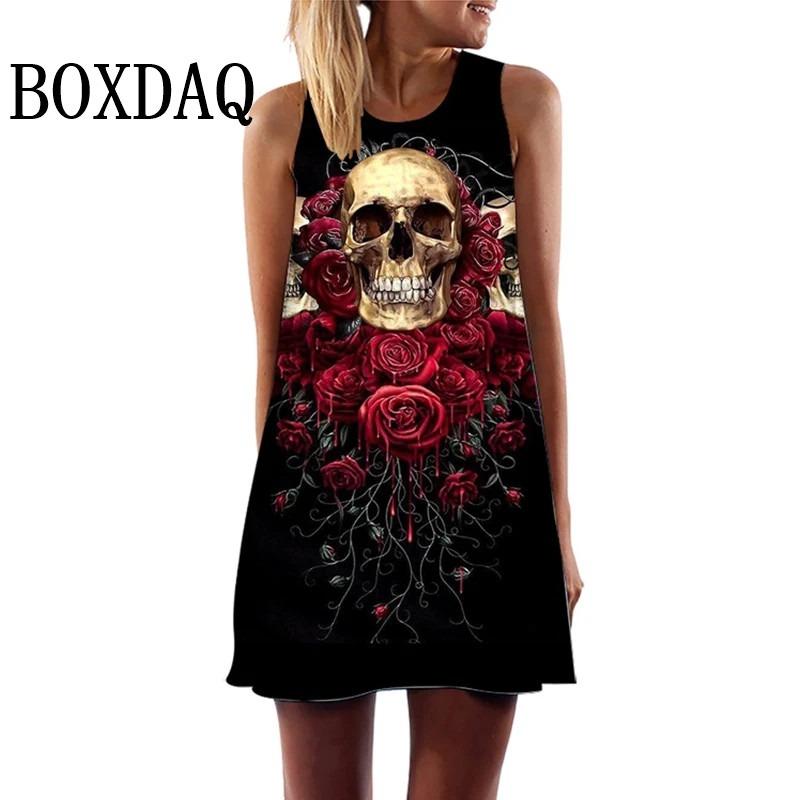 Vintage Skull Face 3D Print Women's Dress Summer Fashion O-Neck Sleeveless Mini Dresses Casual Vest Ladies Punk Streetwear