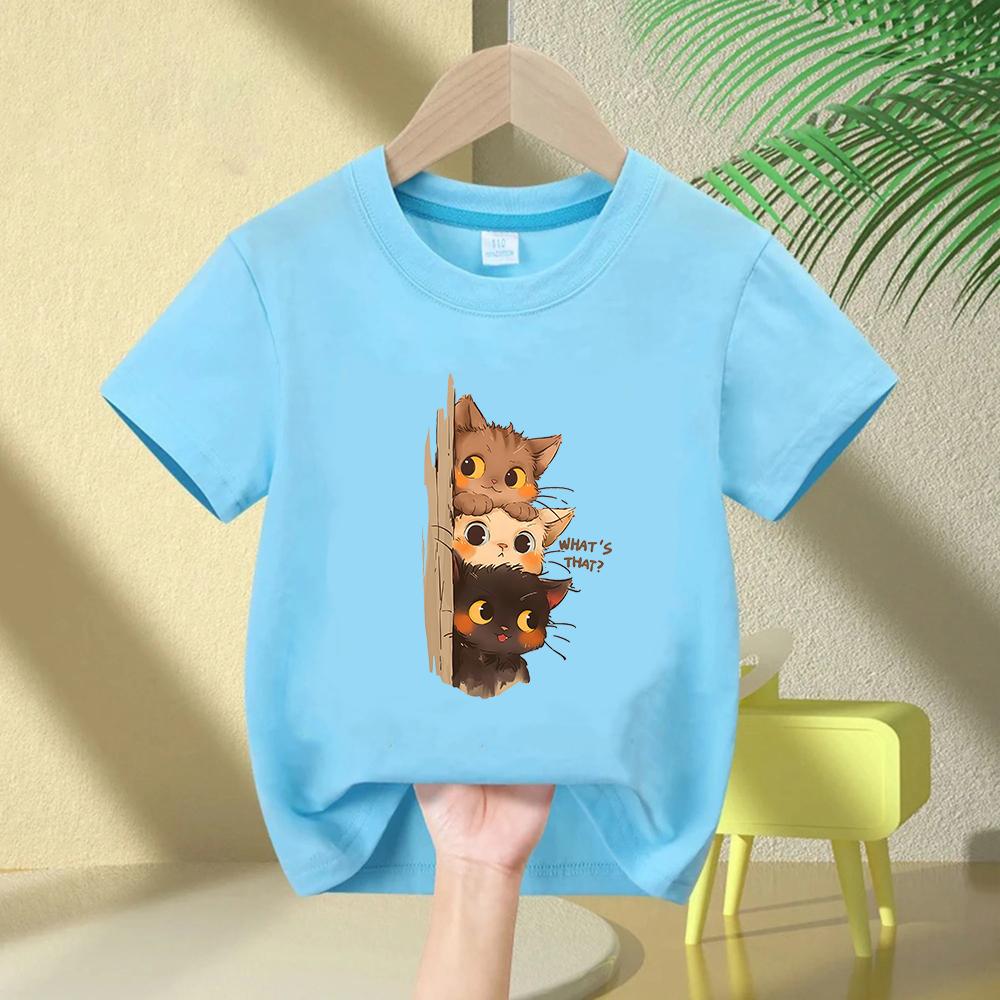 Three Little Cats Are Secretly Watching You Print Kids Tshirt for Boys Girls Tee Clothes Casual Pure Short Sleeved Cartoon Top