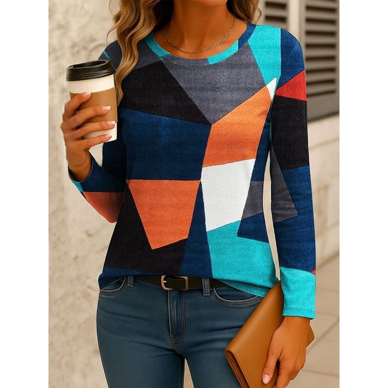Women's T-shirt 3D irregular geometric print fashionable long-sleeved round neck regular top holiday spring and autumn