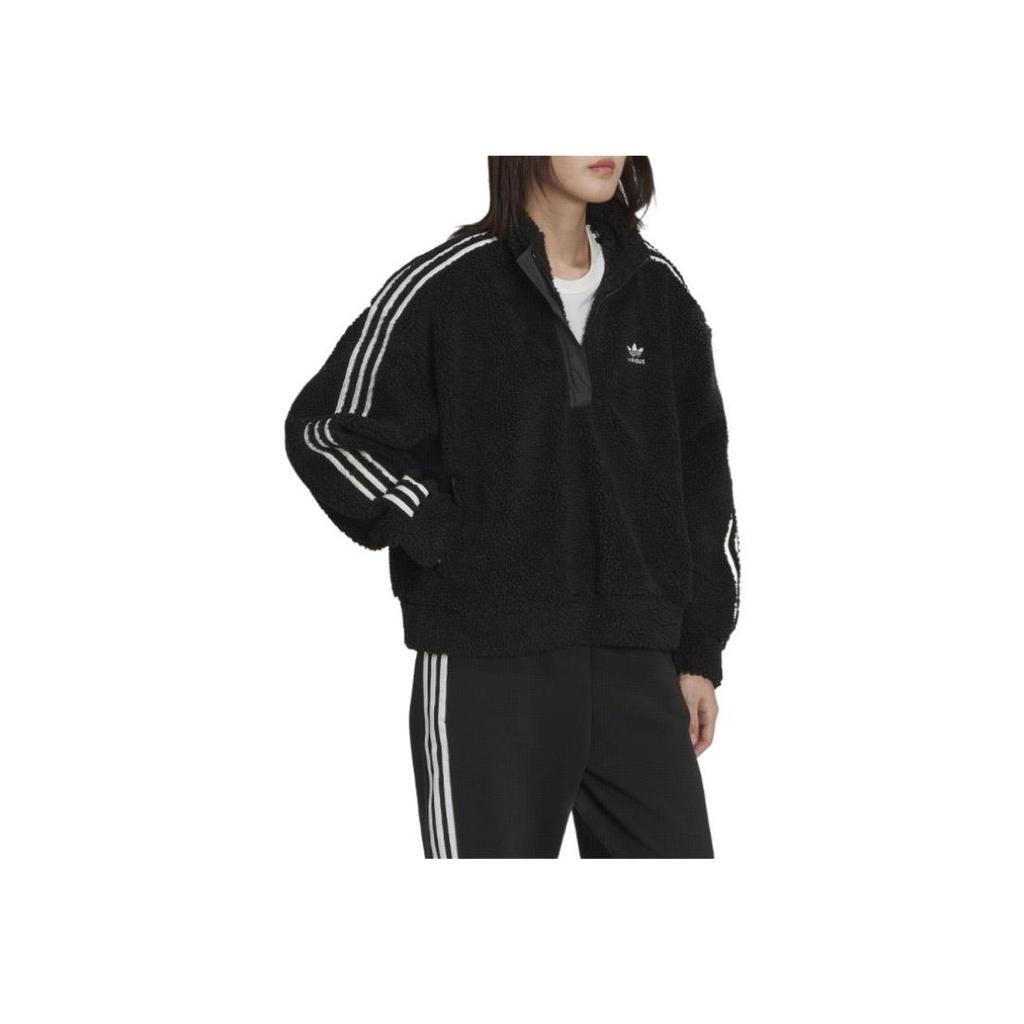Adidas Originals Trefoil Logo Embroidered Striped Half-Zip Jacket Women Jackets Black HM2128