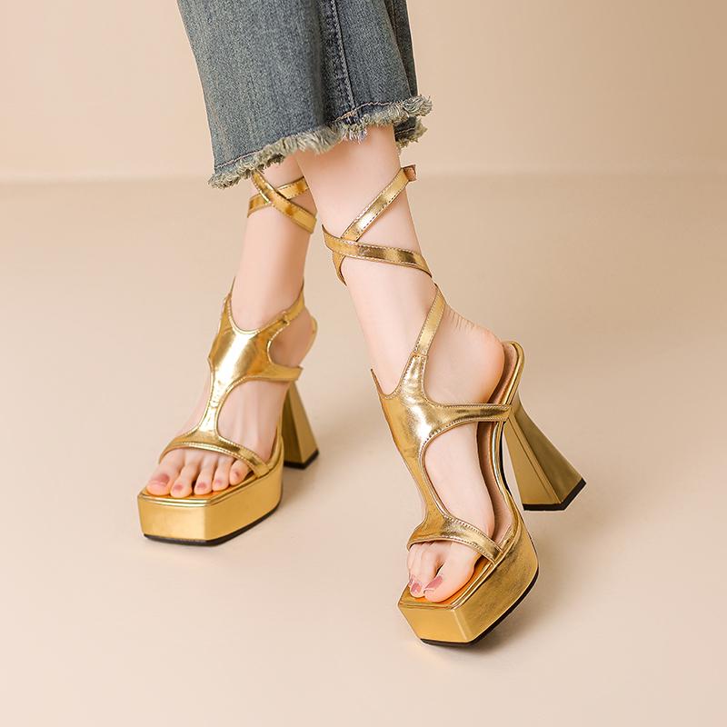 Plus Size 2026 Summer Trendy New Sexy Sandals Ultra High Irregular Coarse Heel Hollow Calf Cross Buckle Women's Peep Toe Sandals