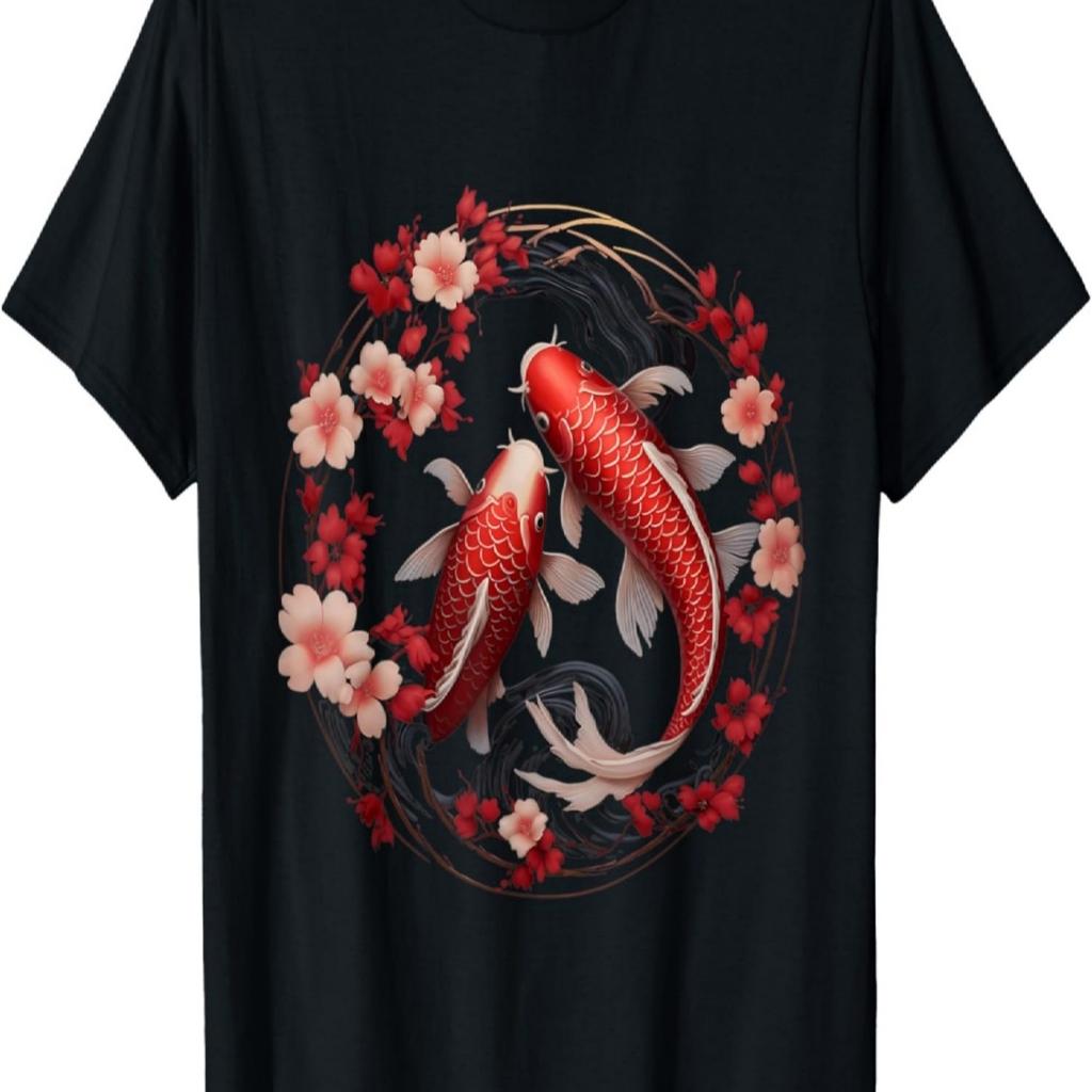 Koi Carp Ying Yang Nishikigoi Fish Cherry Blossom T-Shirt(126)