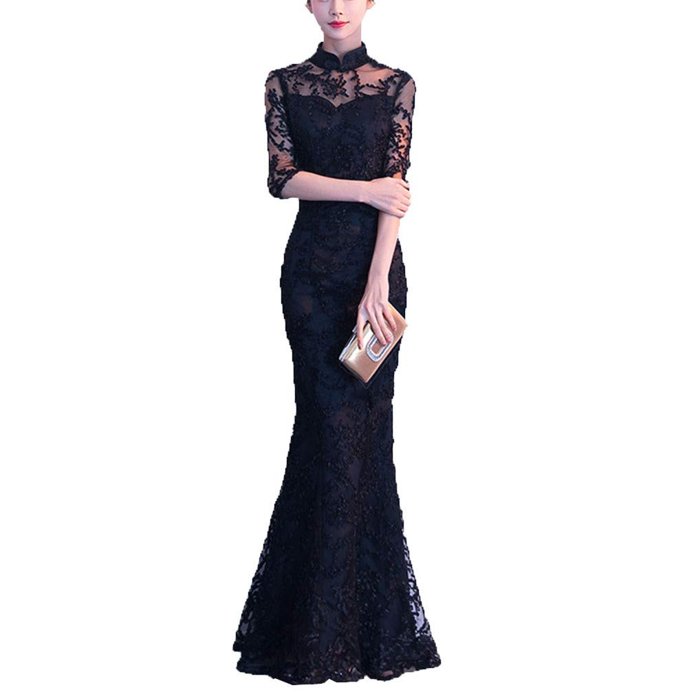 

[YUANYUAN] New Autumn/Winter Wedding Cheongsam, Red Long Fishtail Dress, Slim Fit for Banquets (Black, L)