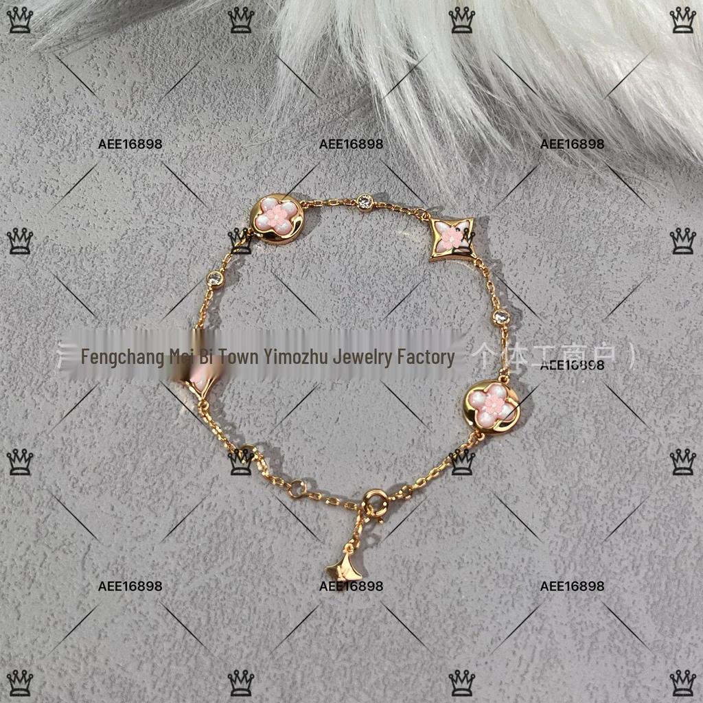 Luksusowa bransoletka damska ze srebra próby 925, wysadzana diamentami, z białą masą perłową i motywem czterolistnej koniczyny, z 18-karatowego różowego złota