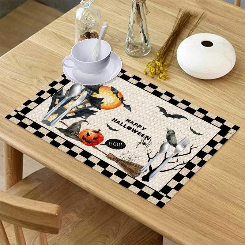 42x32cm Halloween Plaid Linen Dining Tables Mat Heat Resistant Placemat For Table Drink Cup Coaster Home Kitchen Accessories