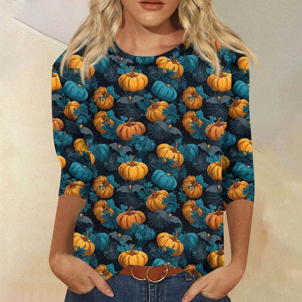 Dámské módní ležérní tričko s tříčtvrtečním rukávem a halloweenským potiskem, s kulatým výstřihem