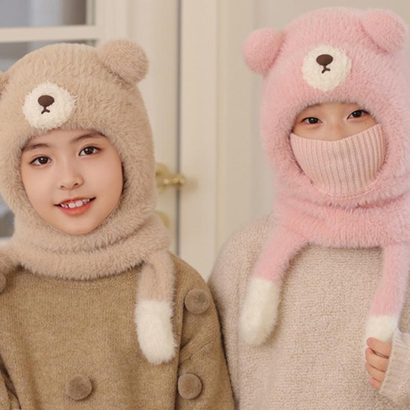Children Face Cover Brimless Hat Neck Warmer With Cartoon Bear Design Pullover Earflap Hat For Toddler Skiing Hiking