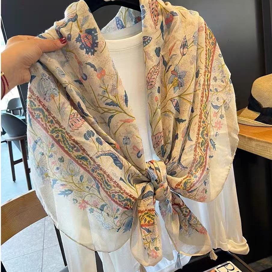 

Sunscreen shawl spring and summer soft cotton and linen feel long scarf female plain and elegant flower fringed silk scarf 180×88cm