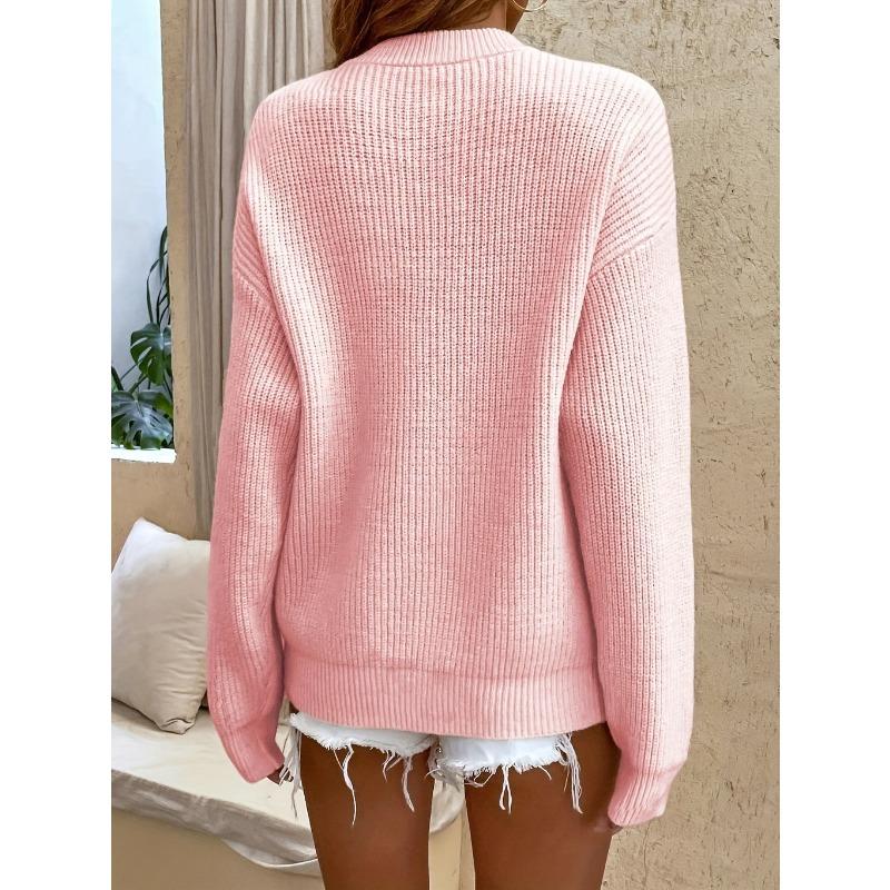 [Cozy Sweater] Soft & Comfortable Women's Cozy Pink Sweater | Casual Crew Neck, Long Sleeve Pullover for Fall/Winter, Button Details