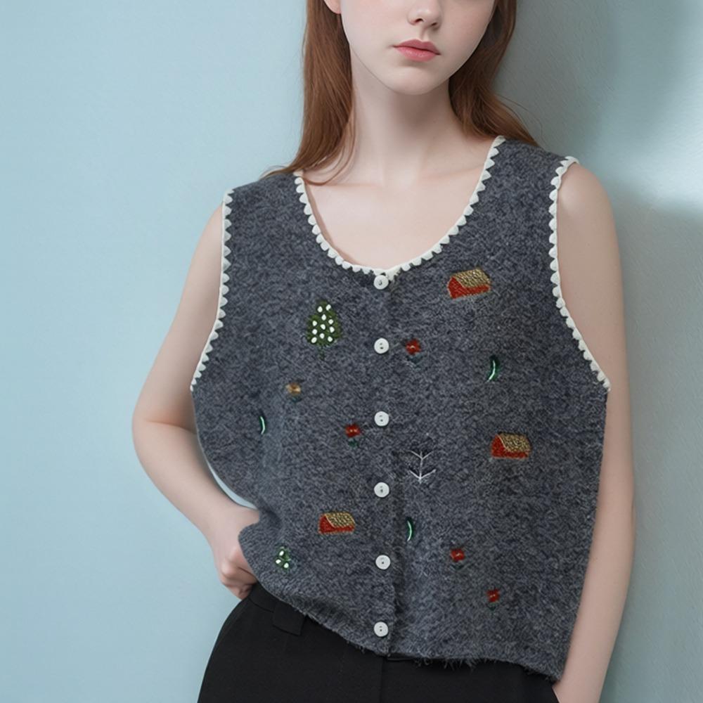 2026 Autumn New Women Sweater Knitting Fashion Tops Cardigan Lady Sleeveless Embroidery Floral Vest Tank Shirt Loose Casual