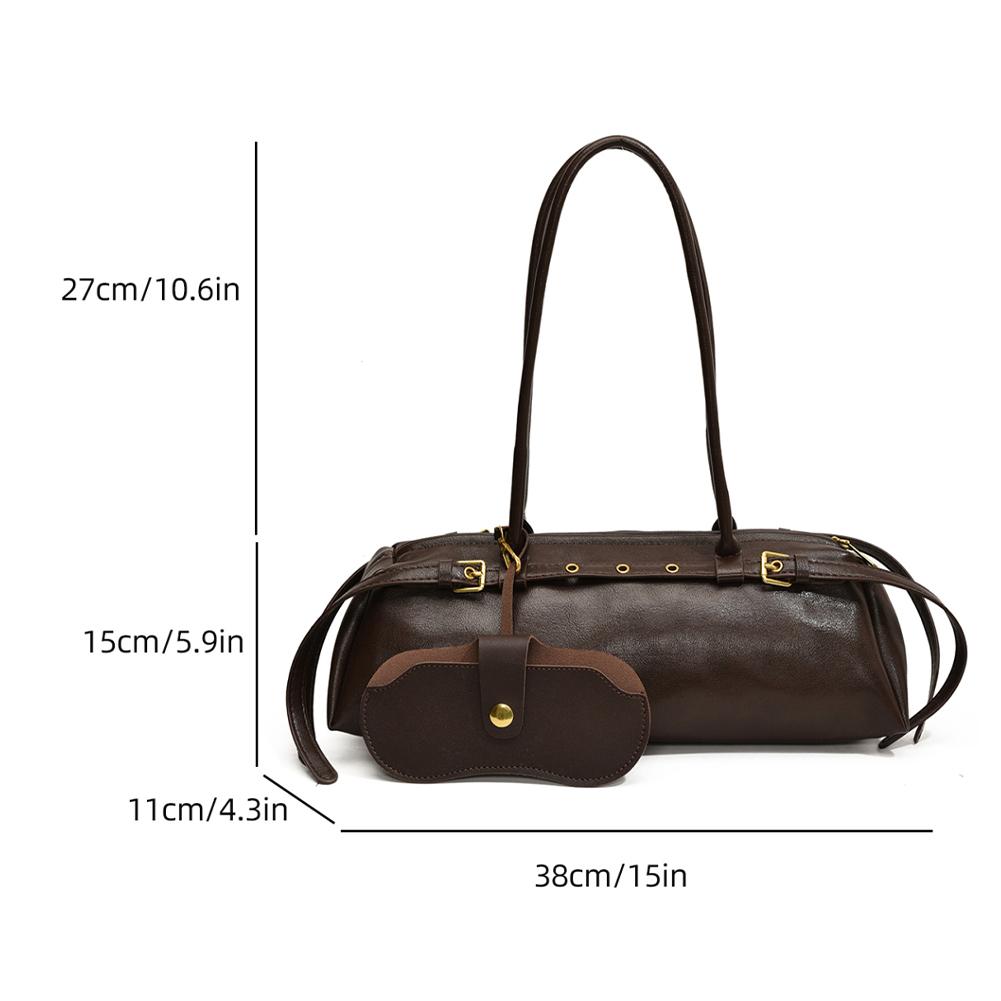 Boston Handbag For Women Solid Shoulder Bag Pu Leather Casual Bowling Bag Retro Commuter Bag
