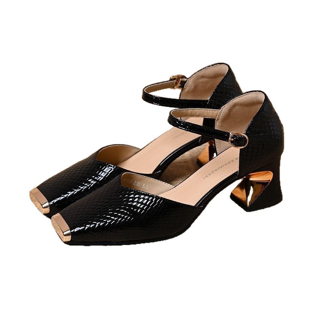 Square head shallow mouth thick heel sandals women's spring and summer 2025 new French temperament metal versatile hollow high heel single shoes
