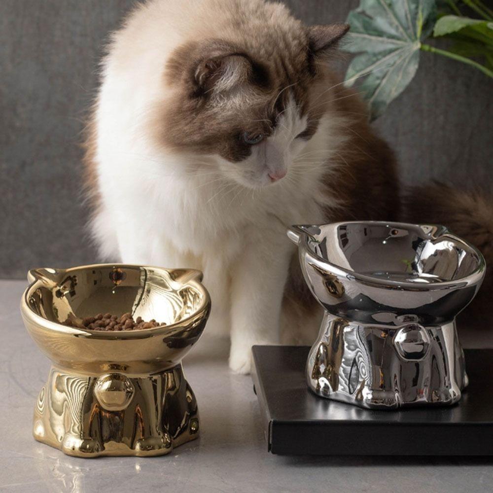 Anti-Spill Ceramic Cat Bowl Cat Shaped Cat Water Bowl Elevated Pet Food Feeder Cat Drinking