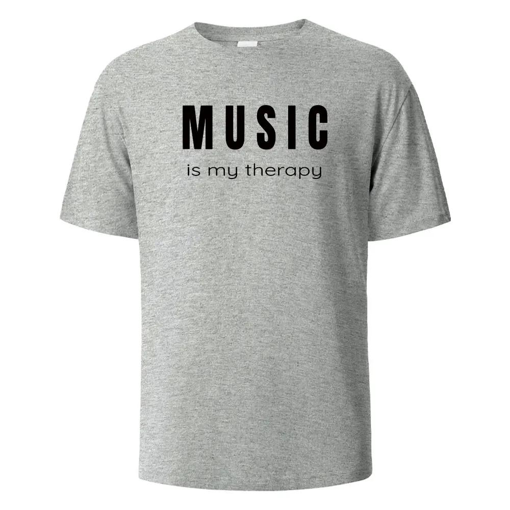 Musik är min terapi Tryck T-shirt Casual Kortärmade Toppar Sommar T-shirts För Män Kvinnor 100% Bomull O-hals Oversize Streetwear Topp