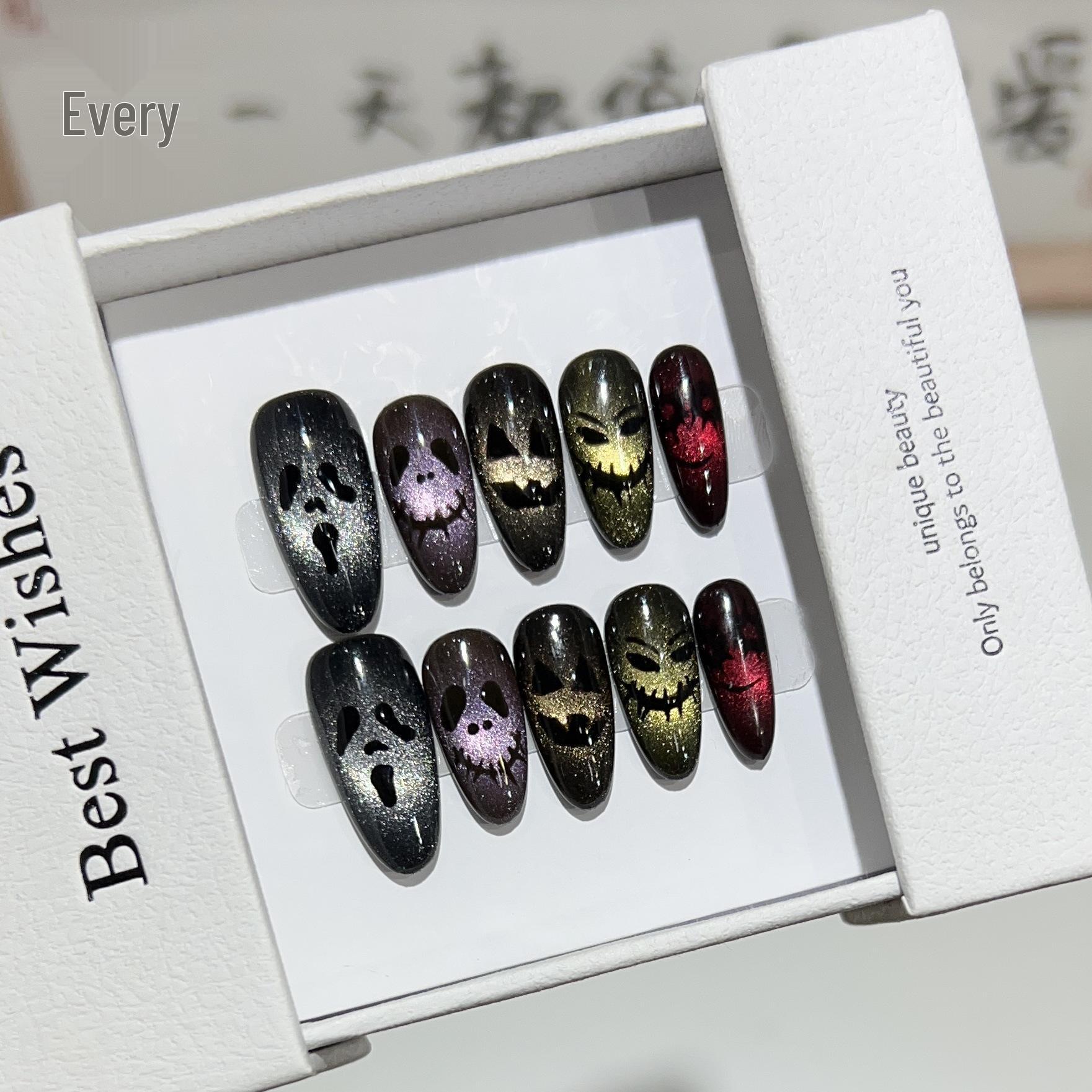 

Хэллоуинский нейл-арт «Кошачий глаз и череп» - Съемные расписанные вручную короткие типсы Medium