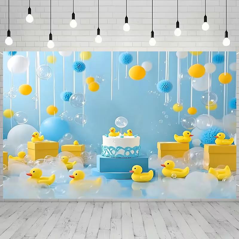 2D Rubber Duck Birthday Backdrop, Yellow Ducks and Cake for Kids' Party Decoration