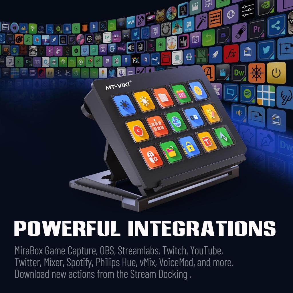 Stream Controller Deck with 3 Sticker Stream Dock with 15 Customizable LCD Trigger Actions for OBS and for MT-VIKI Skins, Keys, Studio, Streamlabs,