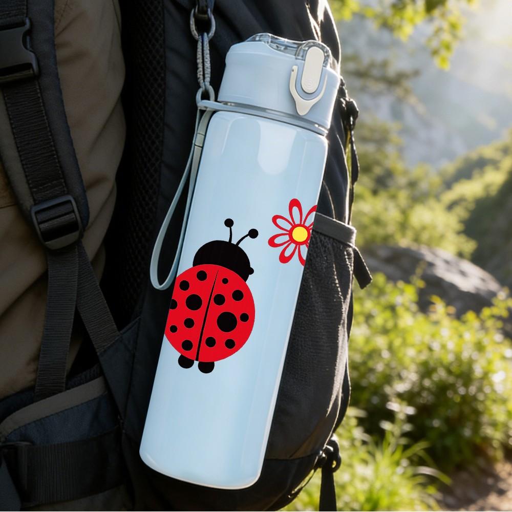 1PC Red Black Ladybug Insect Pair Print 750ml Color Plastic Sports Water Bottle Leakproof Flip Straw Lid Suitable for Sports Office Home Use