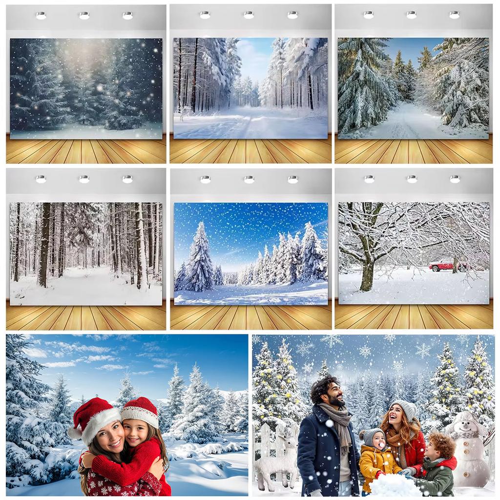 Sfondo Natalizio Wonderland Invernale Foresta Albero di Natale Neve Fiocchi di Neve Sfondo Fotografico Studio Fotografico Banner Photozone