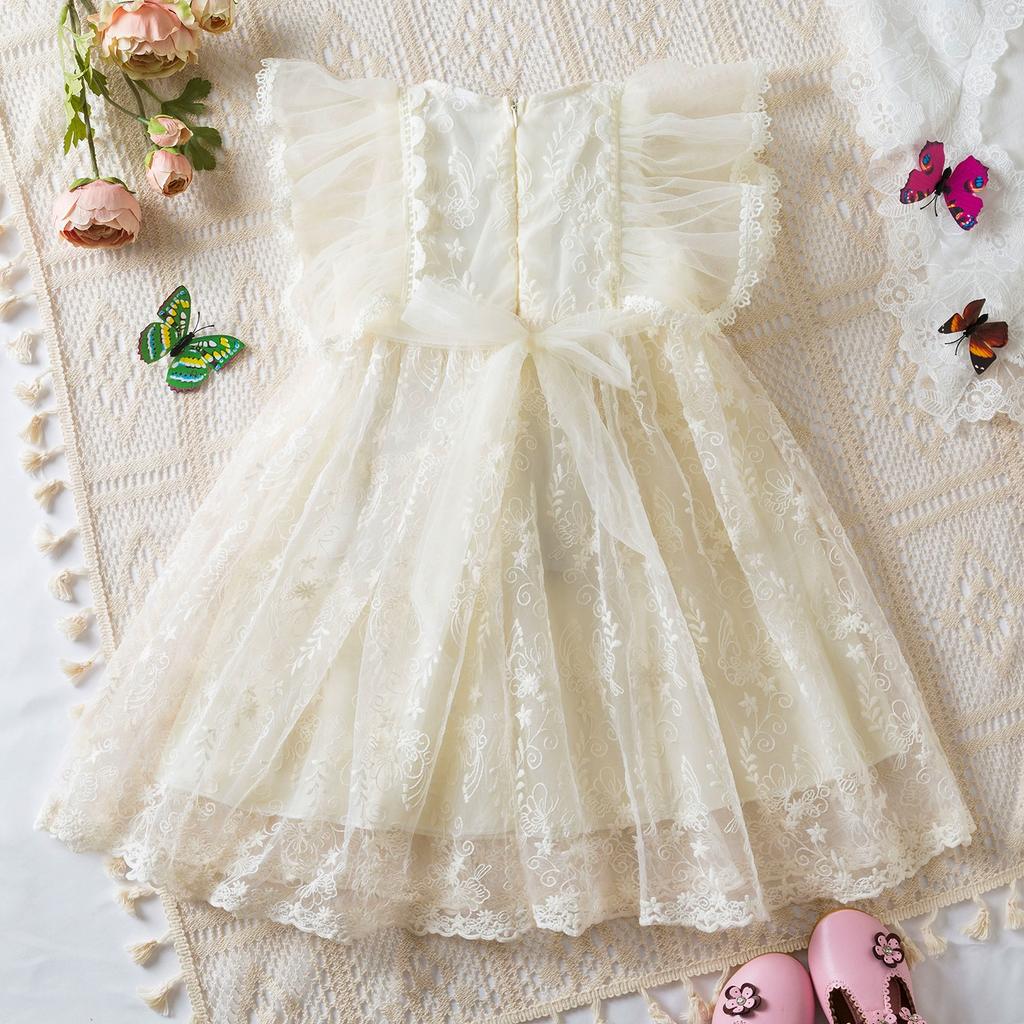 Dívčí letní krajkové volánkové rukávy jednobarevné ležérní šaty Dětské šaty pro dívky Dětské oblečení na princeznovskou narozeninovou oslavu