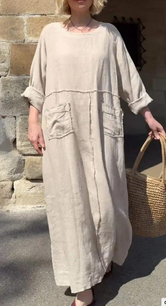2024 Summer Women's Solid Color Cotton & Linen Dress with Pockets