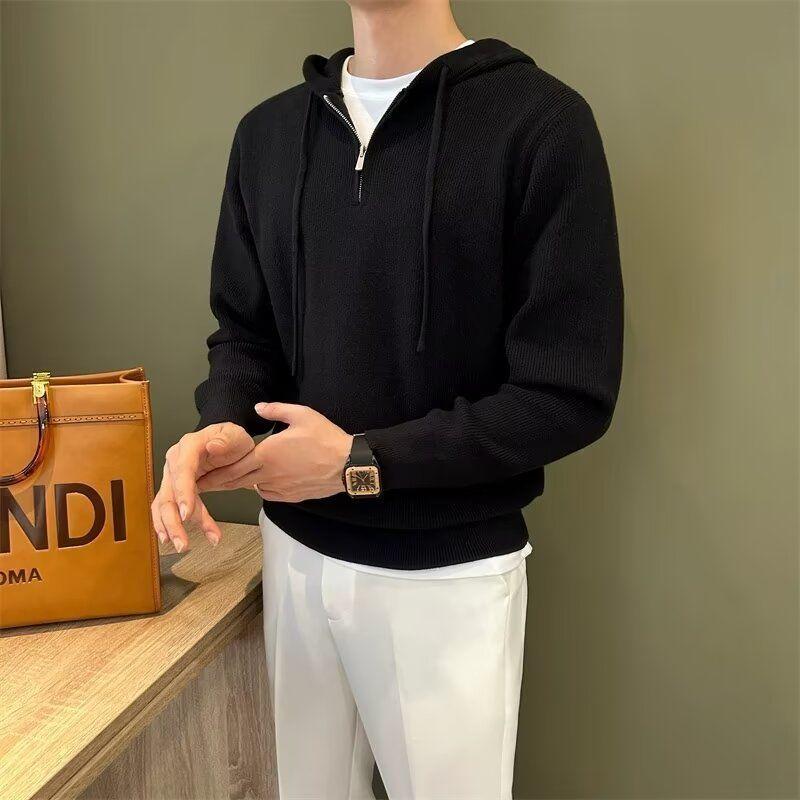 New Internet Celebrity Men's Sweater Versatile Popular Autumn Winter Solid Color Zipper Bottoming Trendy Hoodies Casual