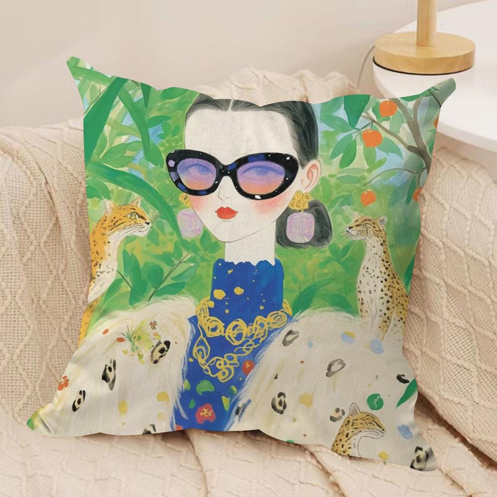 Fashion Illustration Cushion Cover Soft Plush Fabric Double-Sided Printed Sofa Cushion Cover for All Seasons Home Decor Gift