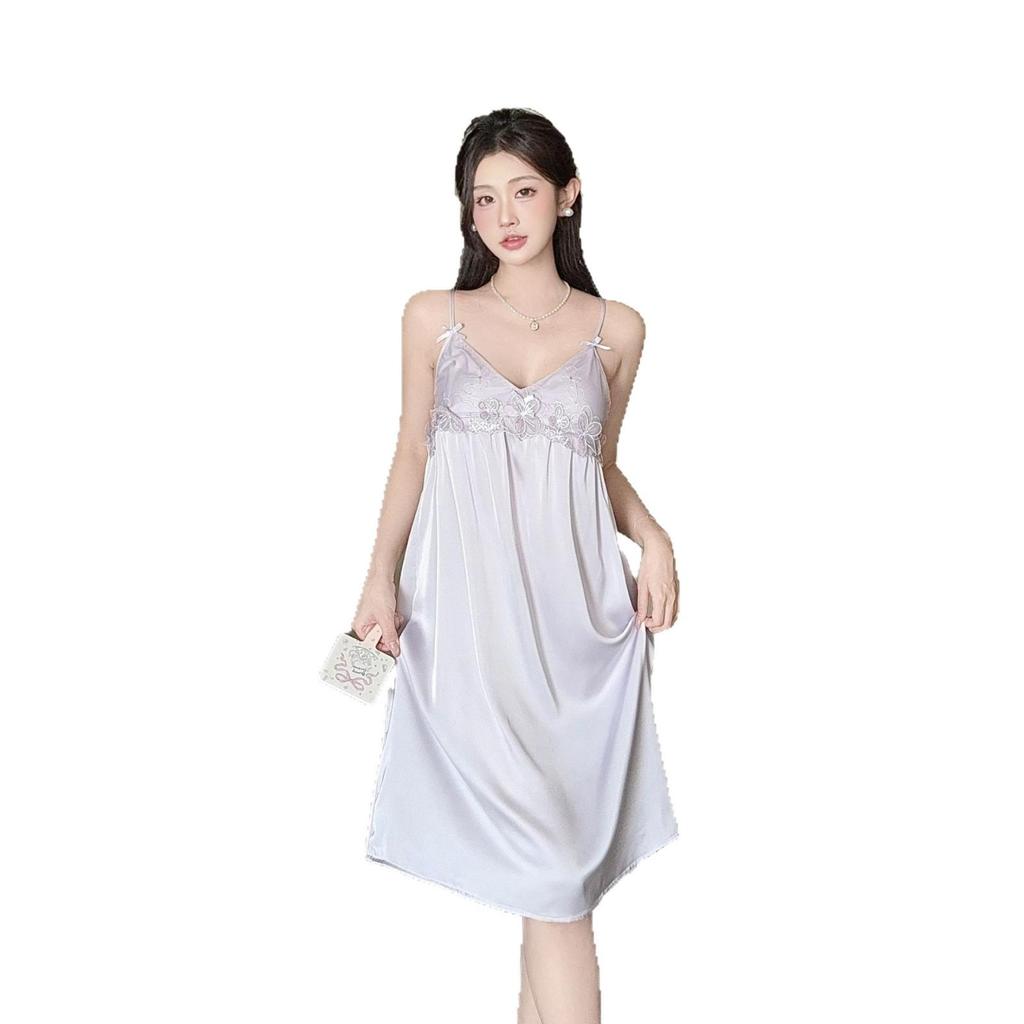 2026 Ice Silk Women’s Pajamas: Mid-Length, Chest Pads, Camisole, Nightgown, Pure Desire Style, Lightweight Home Wear.