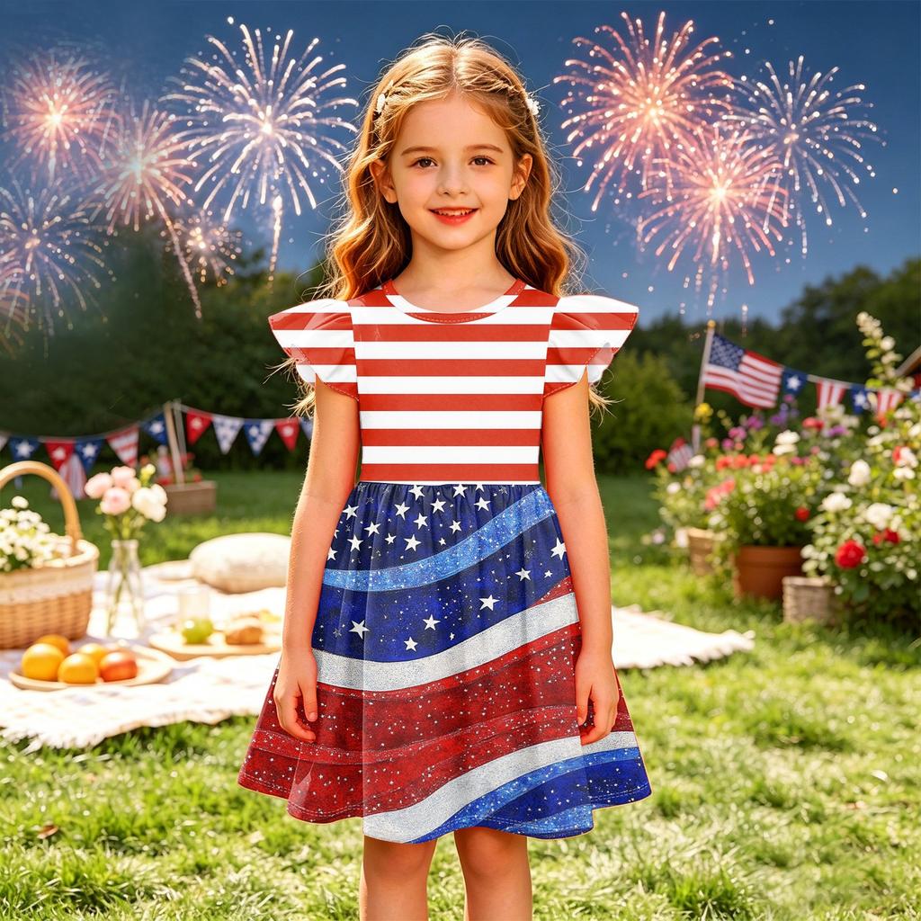 Girls' Summer Princess Dress - A-Line T-Shirt Dress Independence Day