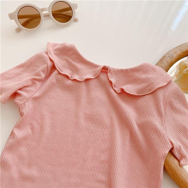 Summer Girls' Ice Silk Peter Pan Collar Short Sleeve T-Shirt – Solid Color, Thin Style, Versatile Children's Top.