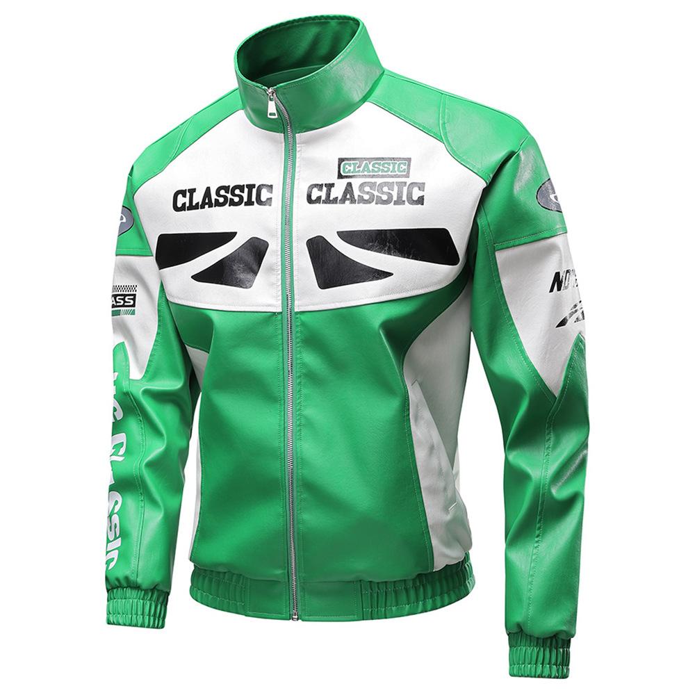 

New Autumn and Winter Men s Leather Clothes Motorcycle PU Leather Jacket Slim Fit Armband Embroidered Motorcycle Riding Suit 3XL зелёный