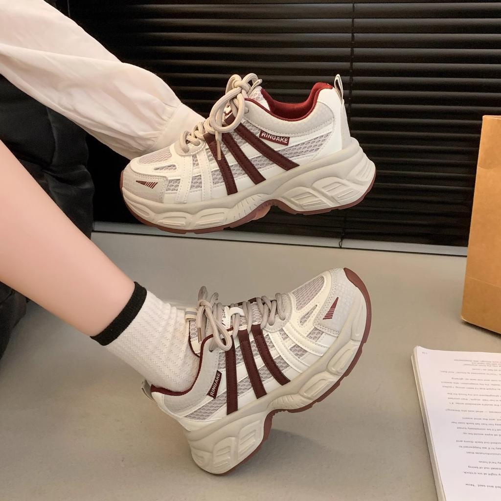 Popular Thick-soled Heightened Mesh Dad Shoes for Women 2025 Spring New Color Matching Lace-up Versatile Sports and Leisure Shoes Tide