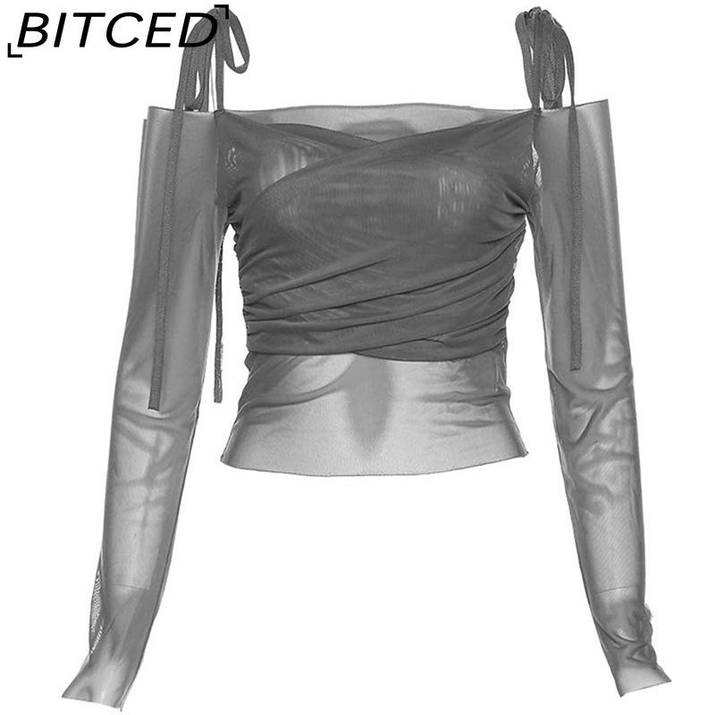 

BITCED Summer Women s Solid-Colour Slim-Fit Cropped Streetwear Off-the-Shoulder Long-Sleeved T-Shirt L серый