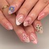 Rhinestone Inlaid Press On False Nails 24Pcs 3D Pink Flower Almond Fake Nails for Bridesmaid Wedding Event
