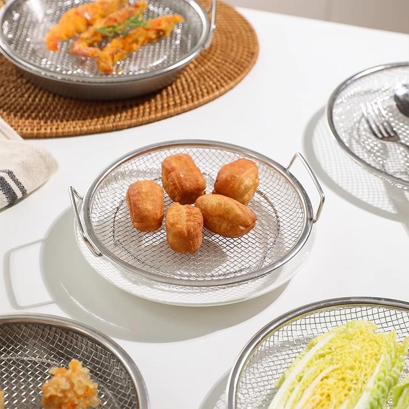 Stainless Steel Mesh Oil Filter Tray Drain Basket Set Reusable Vegetable Draining Rack With Handle Round Fried Food Strainer