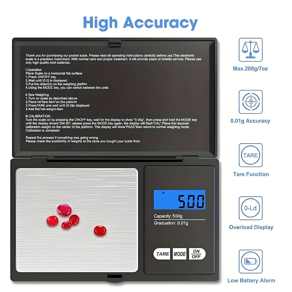 Mini cântar pentru bijuterii Cântar electronic de înaltă precizie Greutate din oțel inoxidabil Gram LCD Lumină de fundal albastră Cântar portabil de buzunar Balanță alimentară de aur