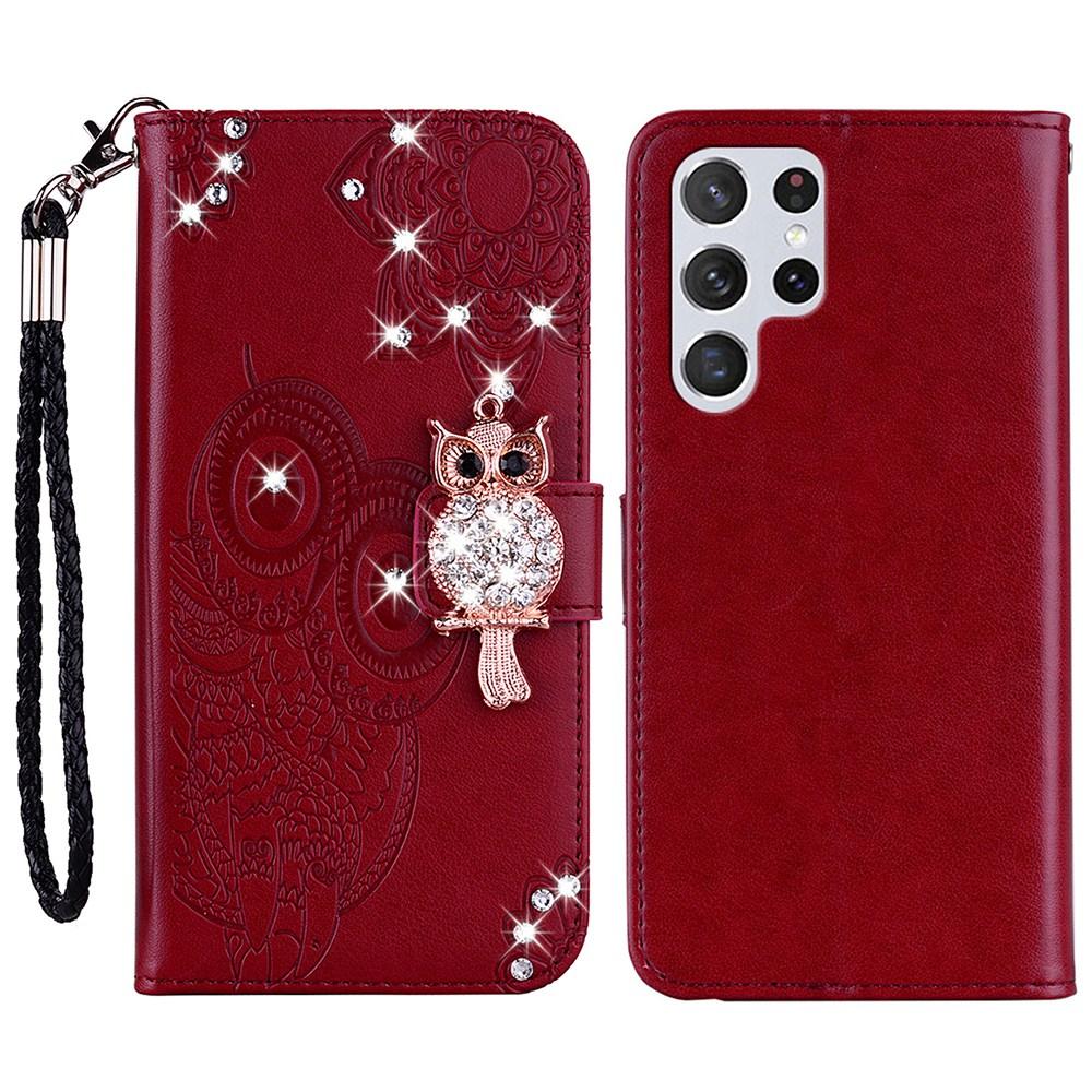 

For Samsung Galaxy S24 Ultra Wallet Case Owl Flower Imprinted Rhinestone Leather Cover Red