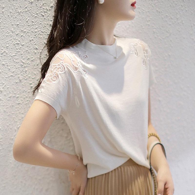 Short-sleeved women's summer new hollow mesh embroidered ice silk short-sleeved knitted top