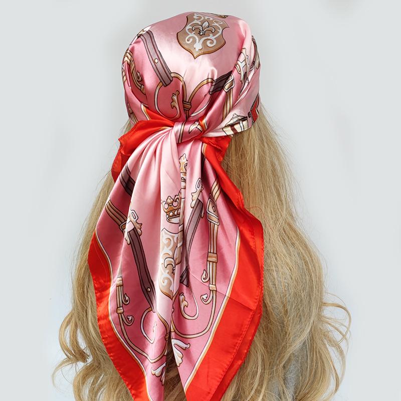 Fashion Kerchief Hair Scarf For Women Floral Print Silk Satin Hijab Scarfs 90*90cm Square Shawl Headband Scarves For Ladies