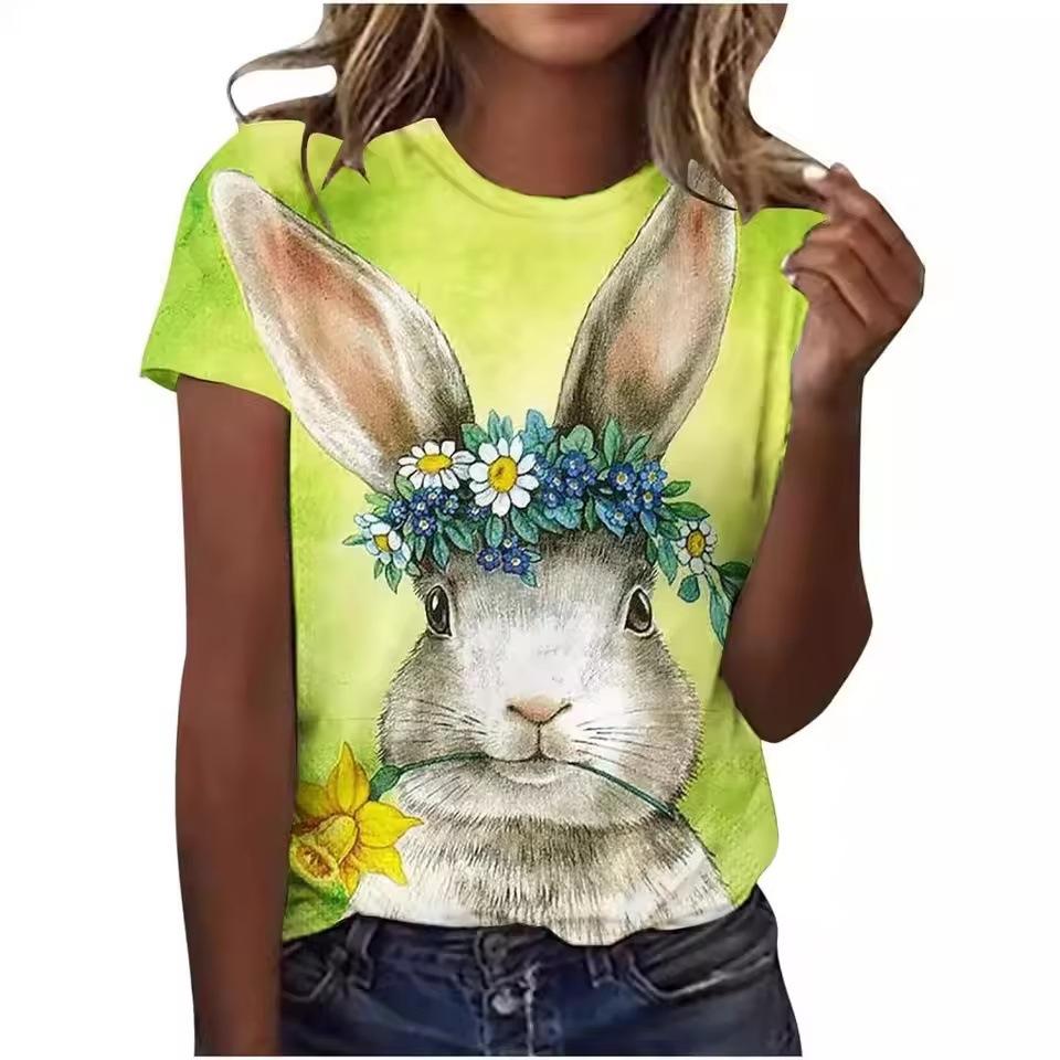 Rabbit Print Women's Top Crew Neck Short Sleeve Comfortable T-Shirts Women’s