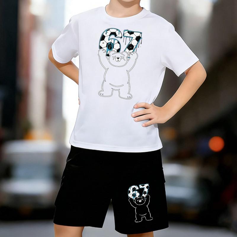 Boys 2 Piece Football themed print Outfit, Short Sleeve T-Shirt and Shorts Set for Kids Age 5-14,Black and White Sporty Casual Summer Clothes