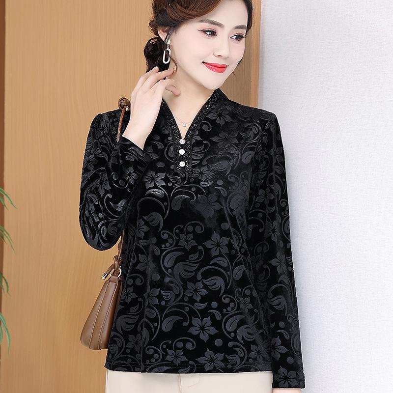 New Arrival: Plus Size Black Printed Long Sleeve T-shirt for Middle-Aged & Elderly Women, Loose Fit, Slimming, Versatile for Spring/Autumn.