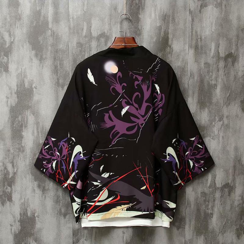 Herren Japanischer Stil Tang Anzug Kurzarm Schwalbenmuster Robe Dreiviertelarm Strand Freizeit