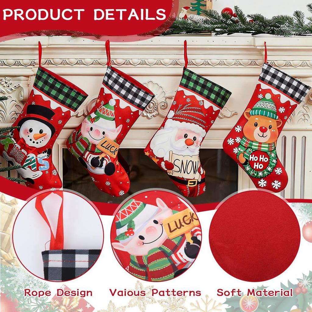 Set of 4 Christmas Decorations Stockings Snowman, Santa, Reindeer Socks Christmas Tree Decoration Items Gifts Hangings Stocking Set