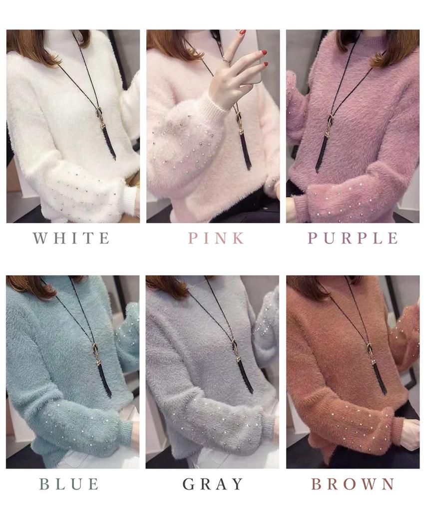Pearl Sleeve Shaggy Knit Long High Loose Fluffy Loose Cold Casual Knit Fall Plus Round [J.STORE] Sweater, Fluffy, Casual, Winter, Sleeve, Neck,