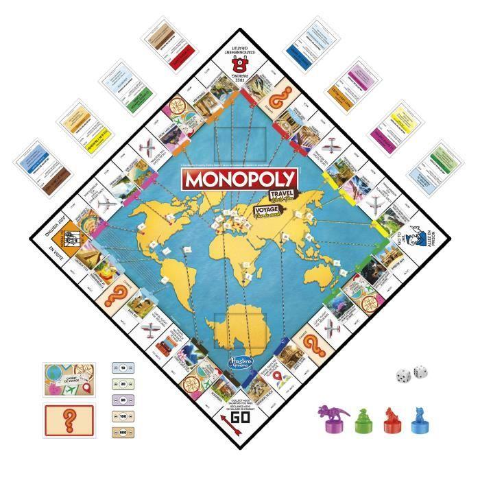 Monopoly Voyage autour du monde, jeu de societe, dès 8 ans, avec pions-tampons encreurs et plateau effaçable à sec